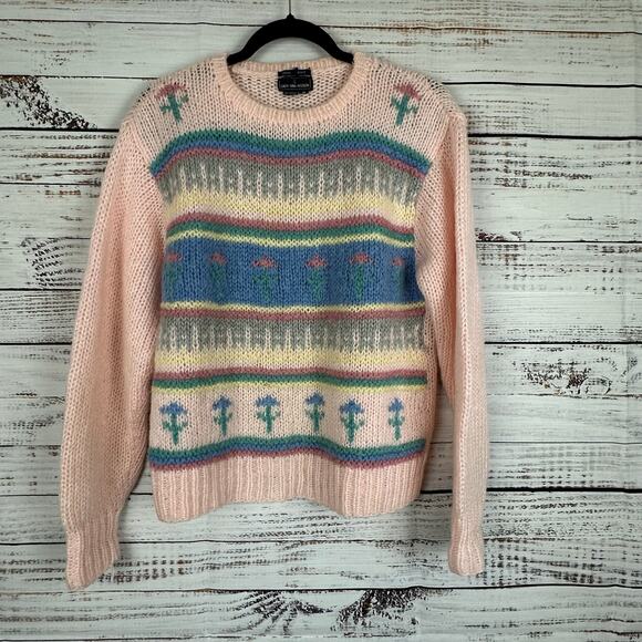 Women VTG Lady Van Heusen Pink Pastel Acrylic Hand Knit Sweater Cottage Granny M - Picture 1 of 5